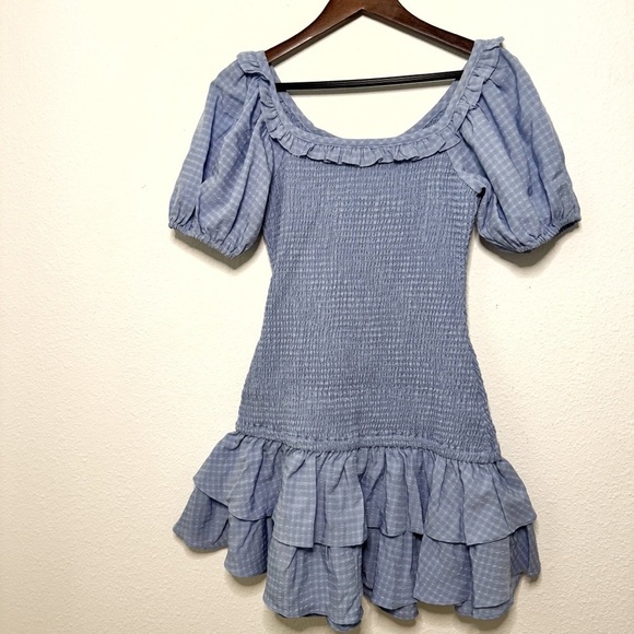 Lush Blue Off-Shoulder Smocked ruffled mini Dress NWT Size M - Picture 7 of 9